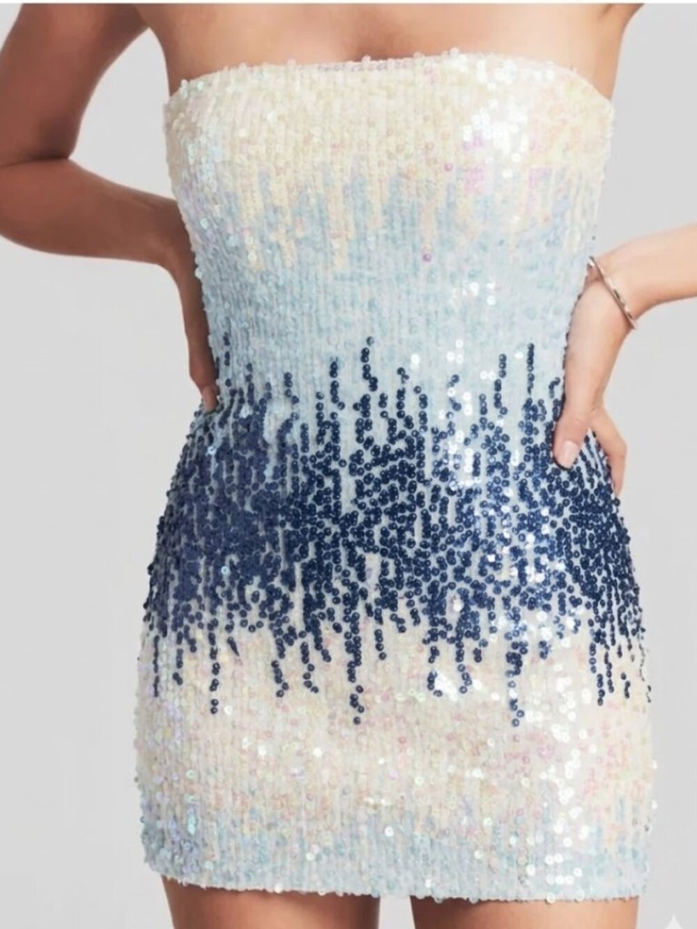 Canton Walker Anastasia Sequin Strapless Ombre Mini Dress in White Blue